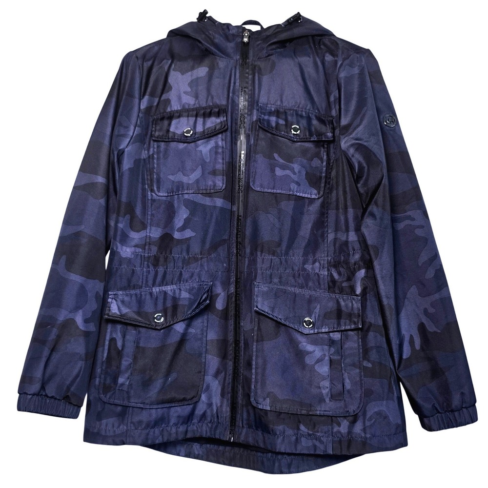Michael Kors Womens Medium Navy Blue Camo Hooded Anorak Field Jacket Full Zip